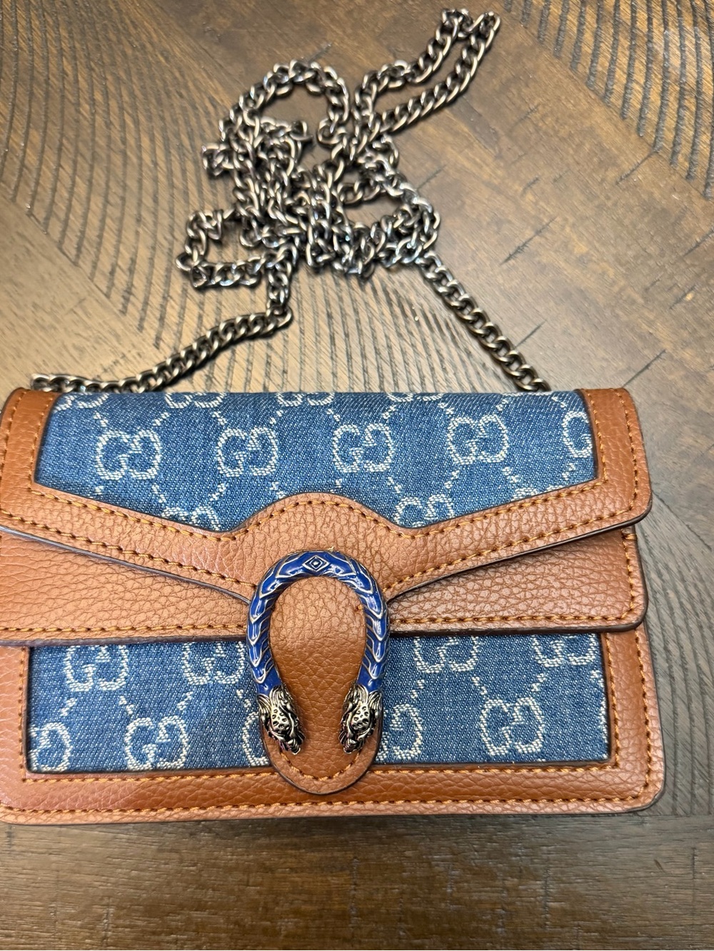 FASHION BAG!! Denim and Tan Leather Shoulder Bag with Chain